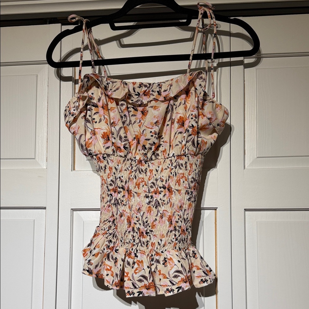 Floral Smocked Ruffle Camisole - Cream/Orange